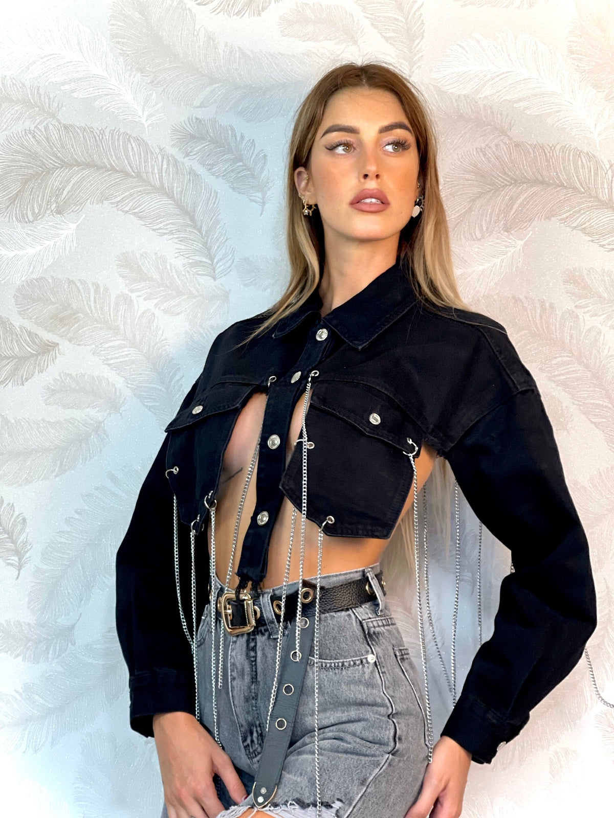Giacca in jeans nero con frange