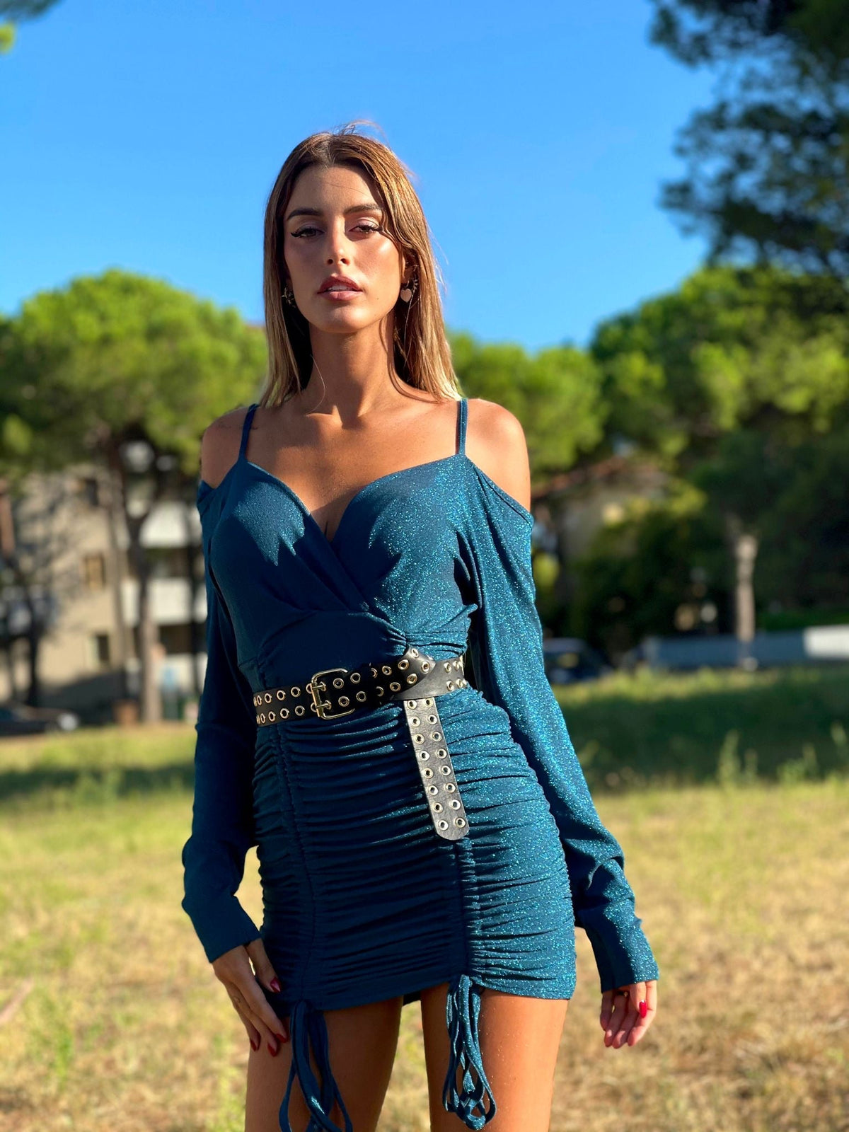 Abito glitter arricciato oceano