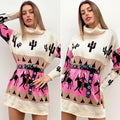 Maxi maglione collo alto con cavalli base Fuxia
