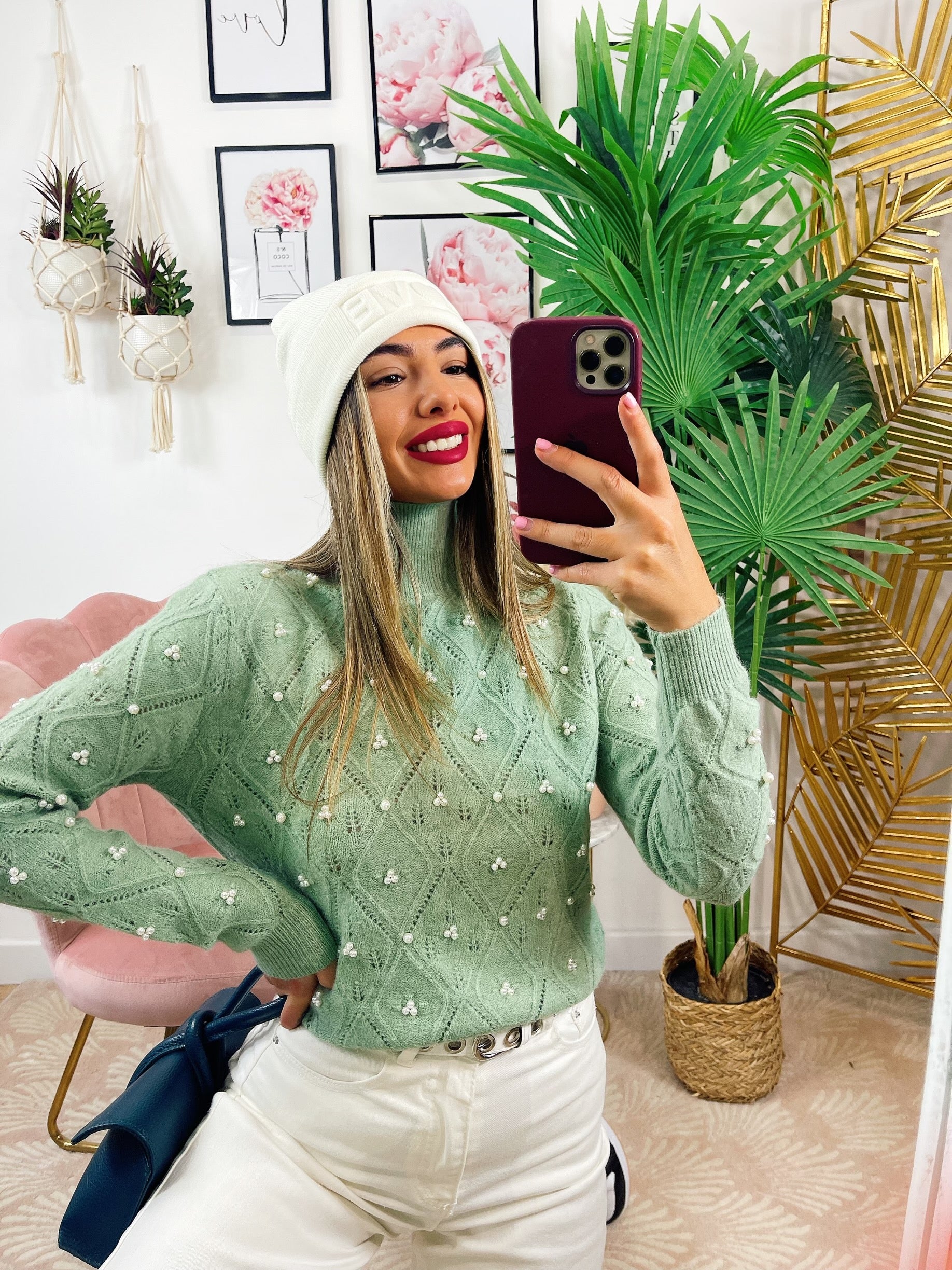 Maglione top quality con perle menta