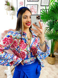 Camicia fiorata con borsetta base Celeste