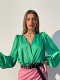 Body in raso scollo a V verde smeraldo