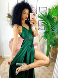 Abito in raso con maxi spacco verde bottiglia