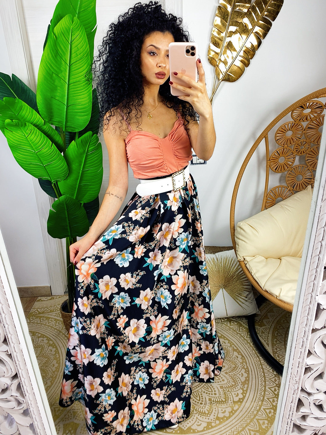 Maxi gonna in raso con fiori multicolore