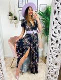 Abito lungo con maxi spacchi a fiori nero manica corta