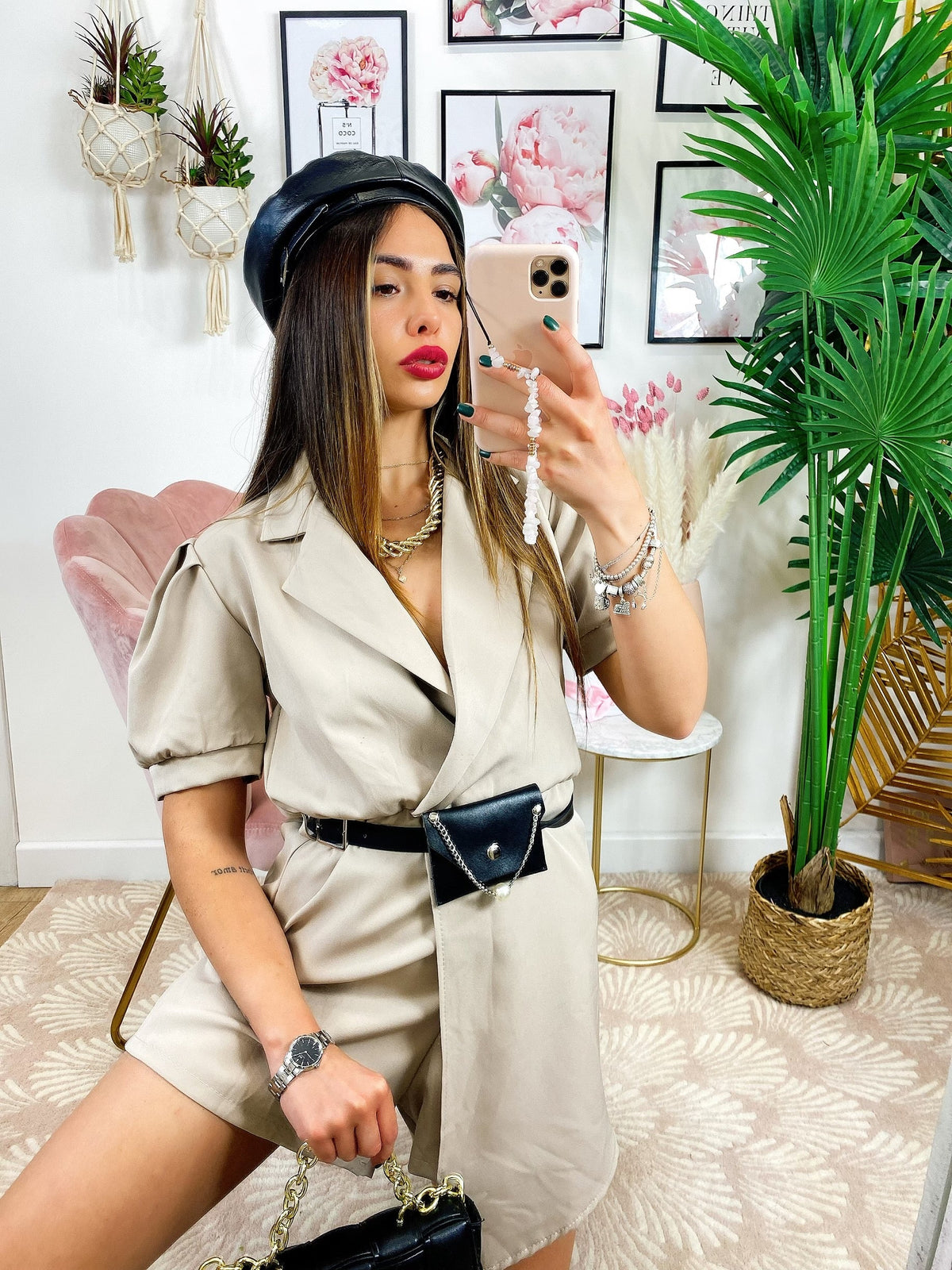 Tutina beige con borsetta