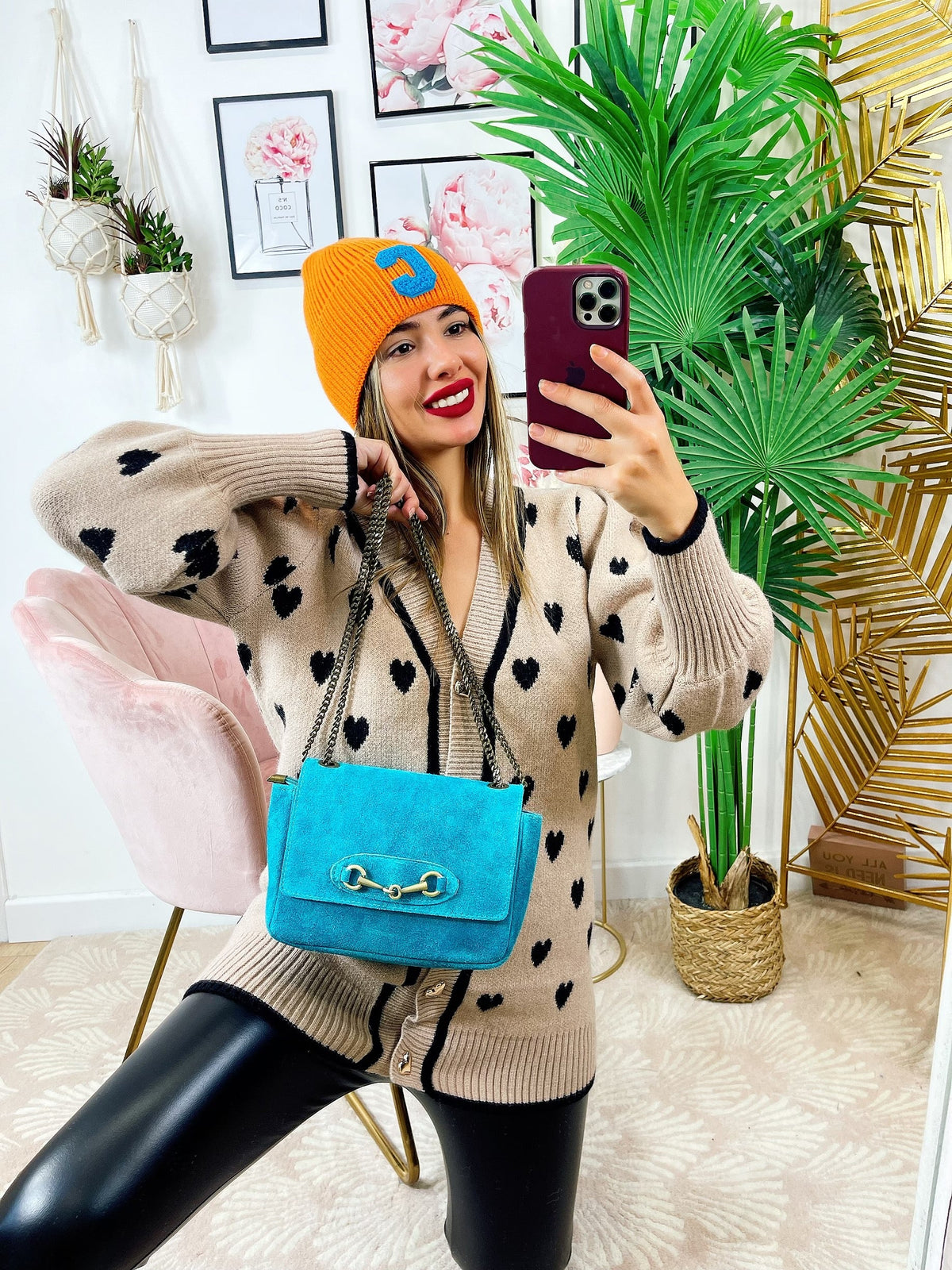 Maxi maglione camel a cuori