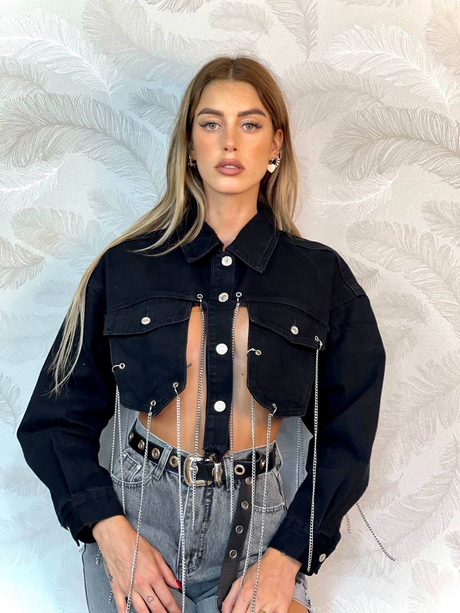 Giacca in jeans nero con frange