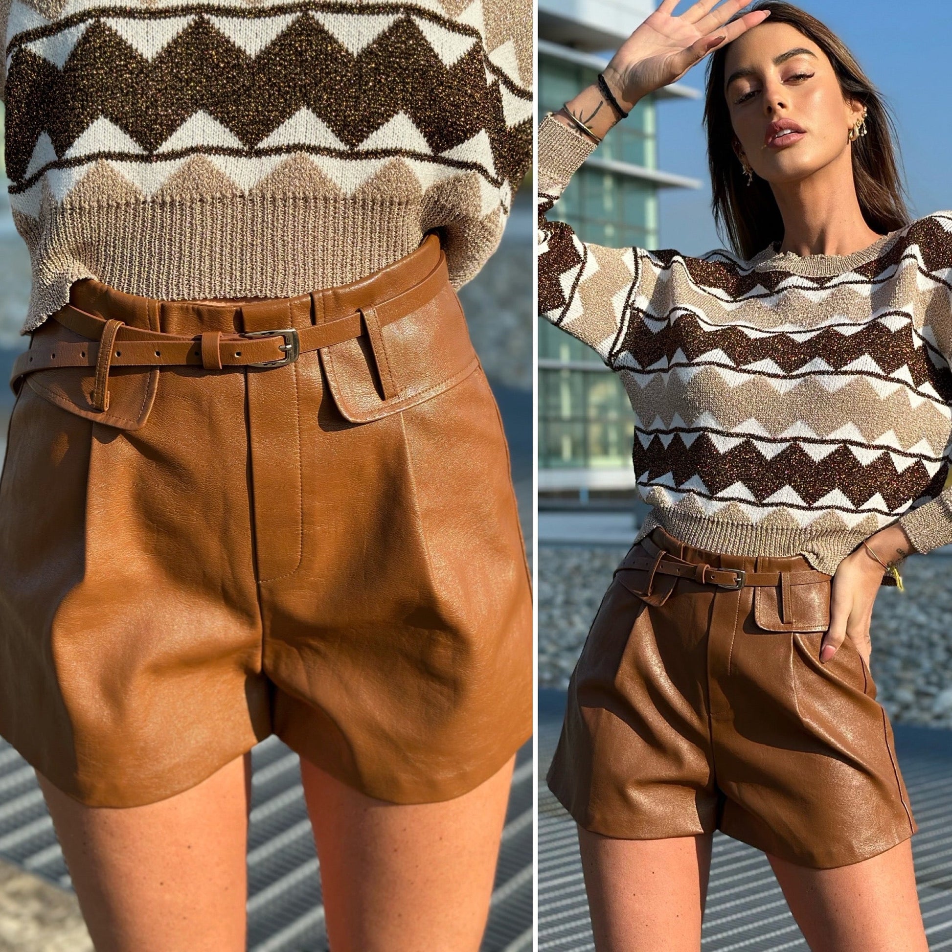 Short in ecopelle Camel con cintura