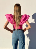Body scollo a barchetta con Rouches Fuxia