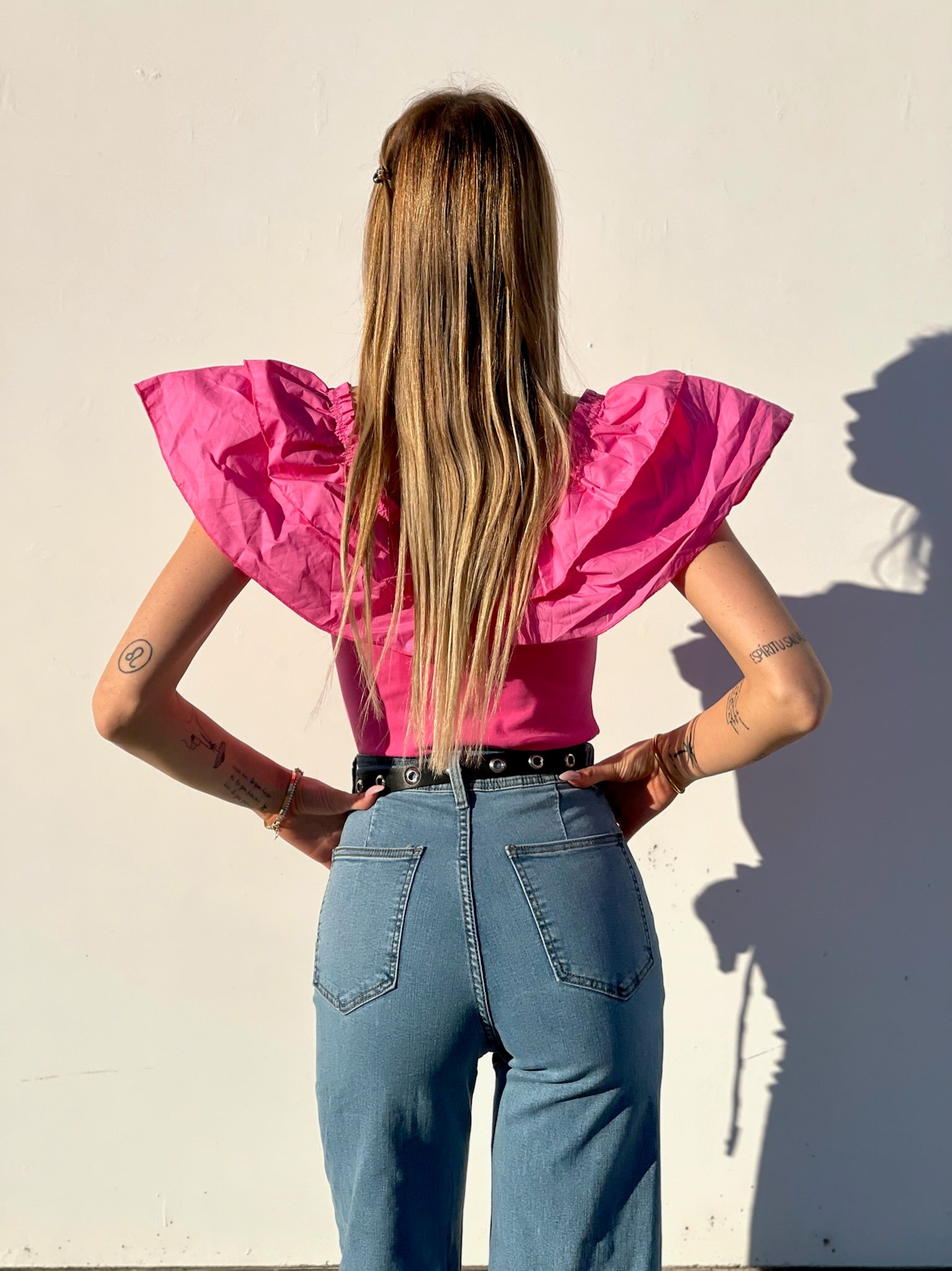 Body scollo a barchetta con Rouches Fuxia