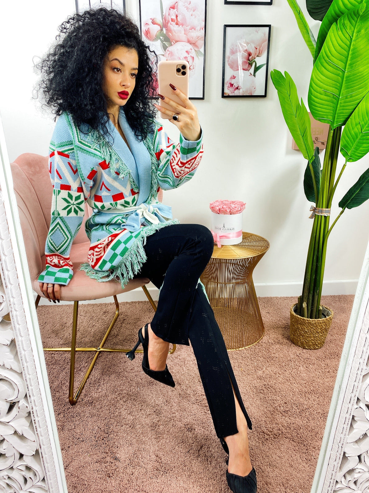 Cardigan frange e cinta celeste e verde