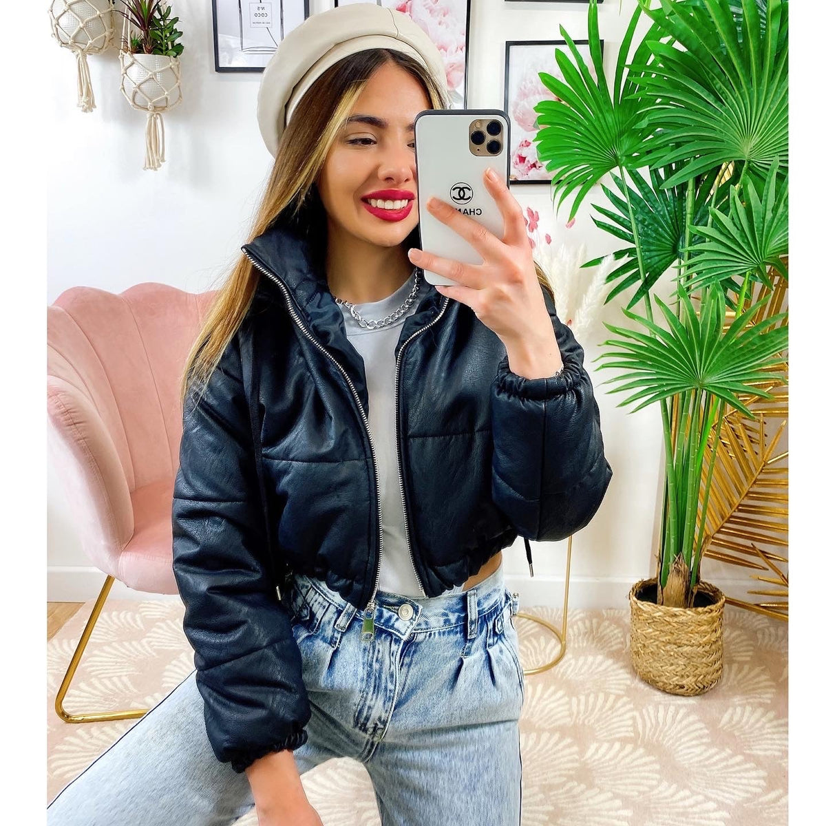 Bomber crop in ecopelle Nero