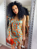 Completo top e gonna a fiori arancio base bianca manica bombata