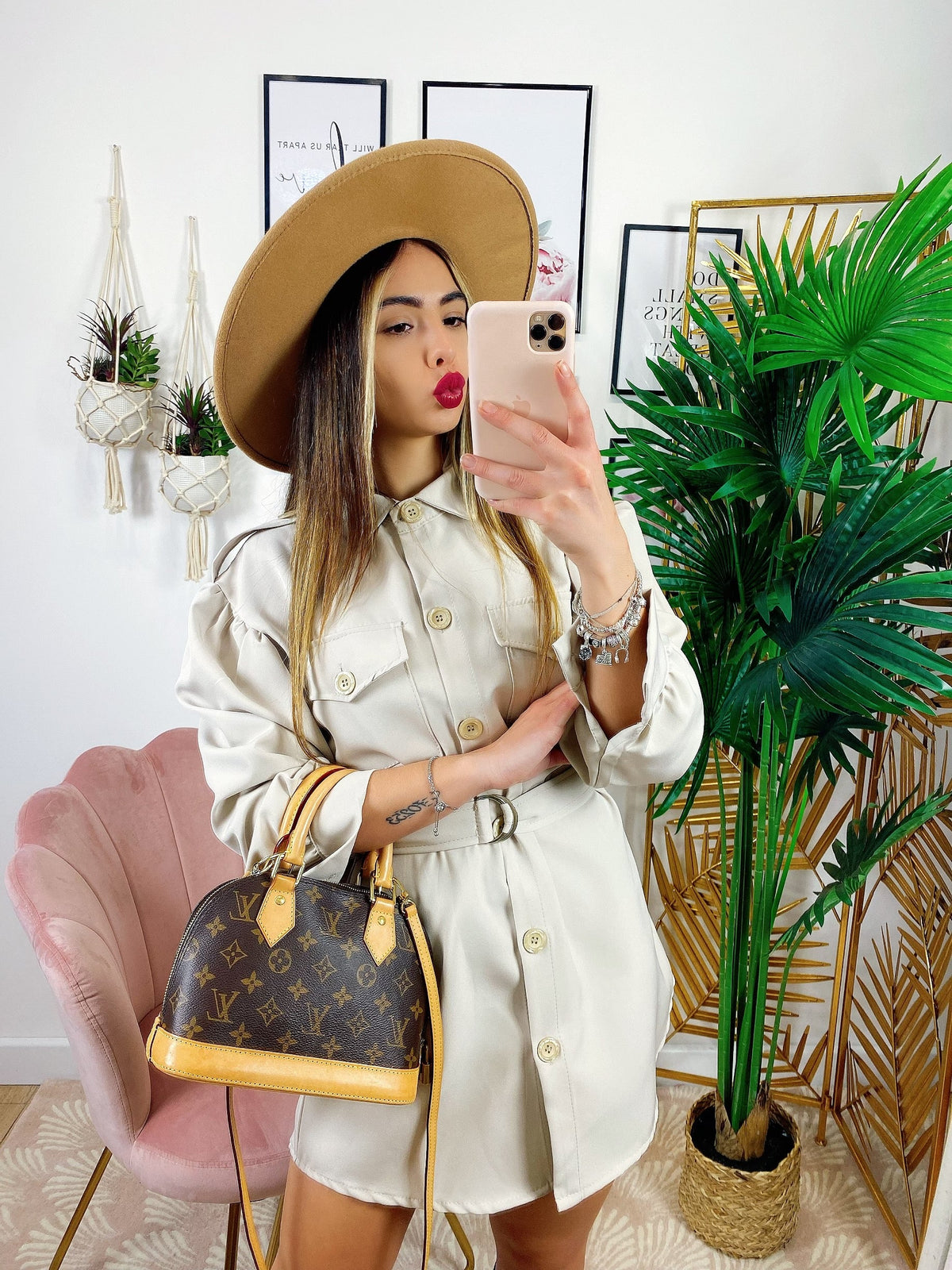 Abito a camicia con cintura beige
