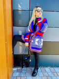 Cardigan frange e cinta rosso blu