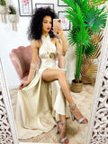 Abito in raso con maxi spacco incrociato beige