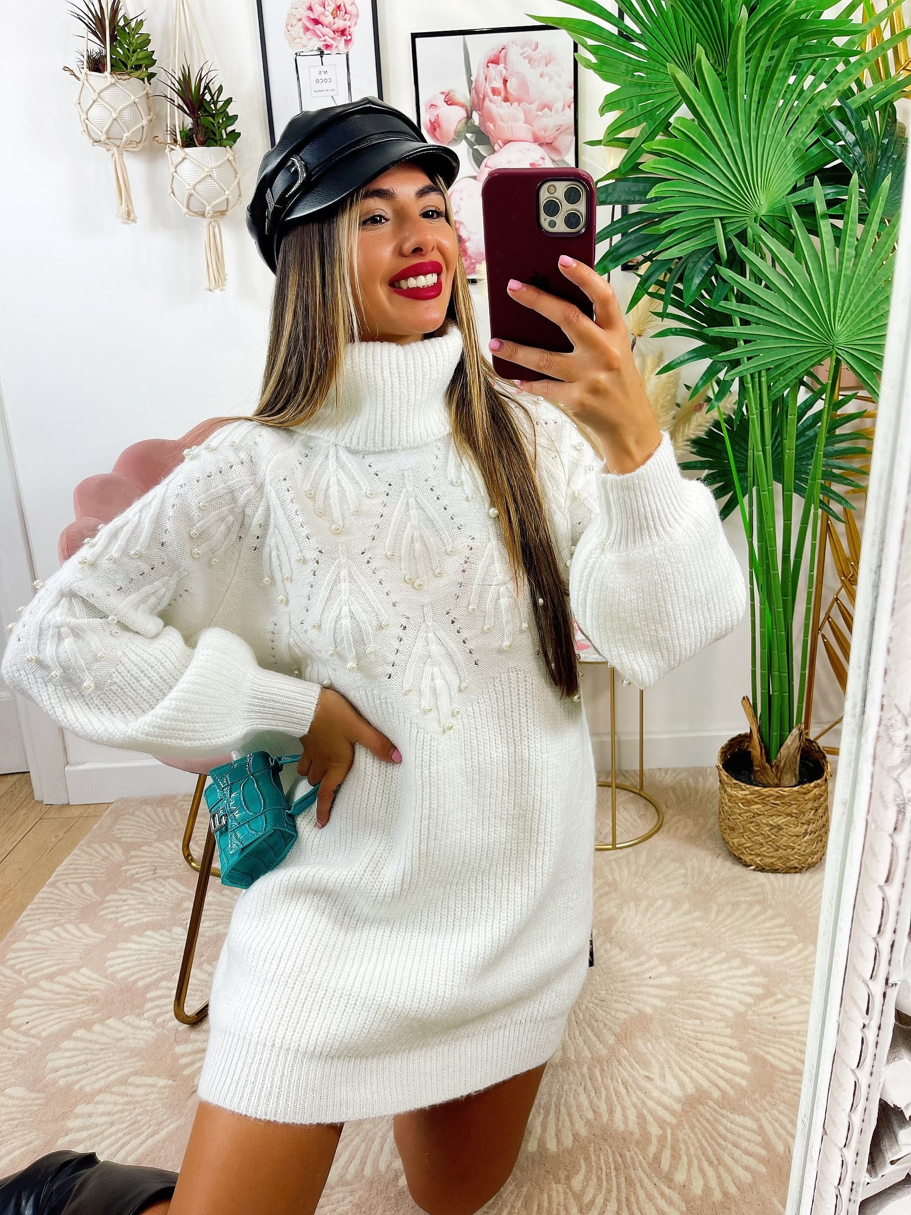 Maxi maglione collo alto con perle Bianco