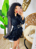 Abito a balze nero con glitter argento