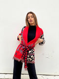 Cardigan con frange e cintura rosso