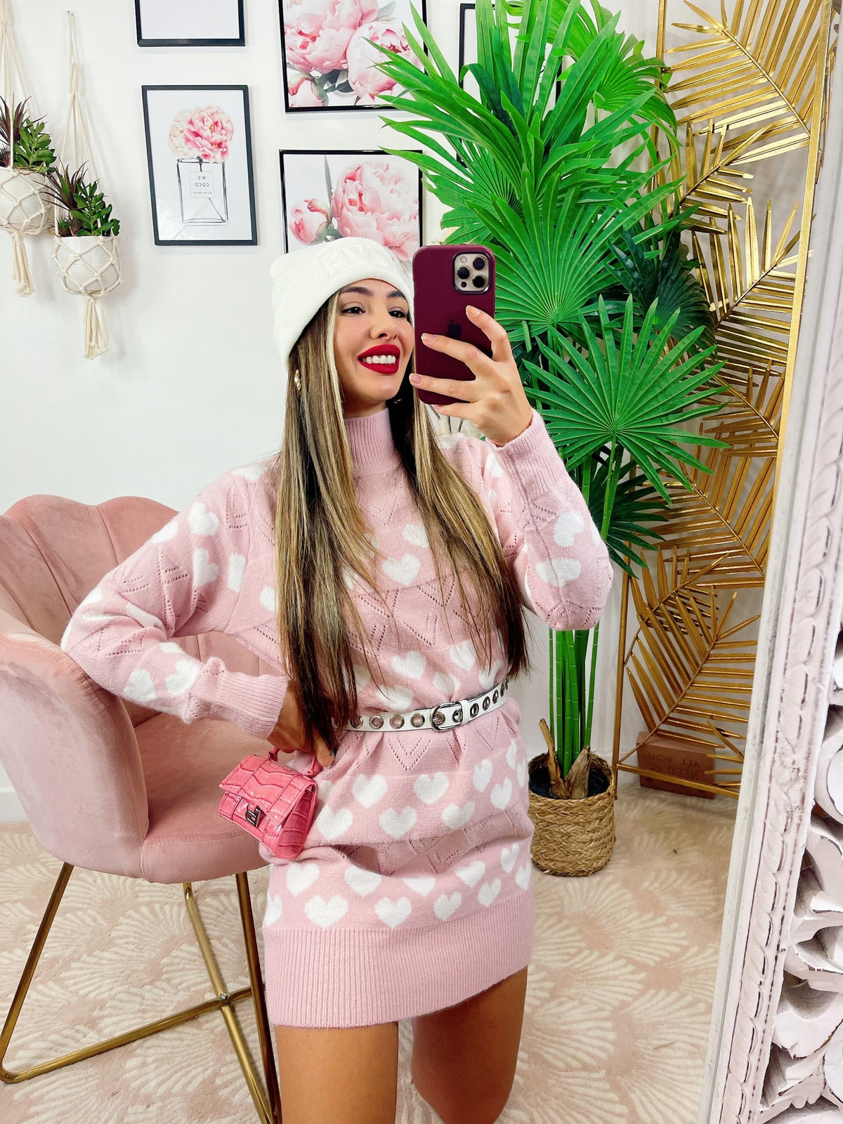 Maxi maglione rosa a cuori