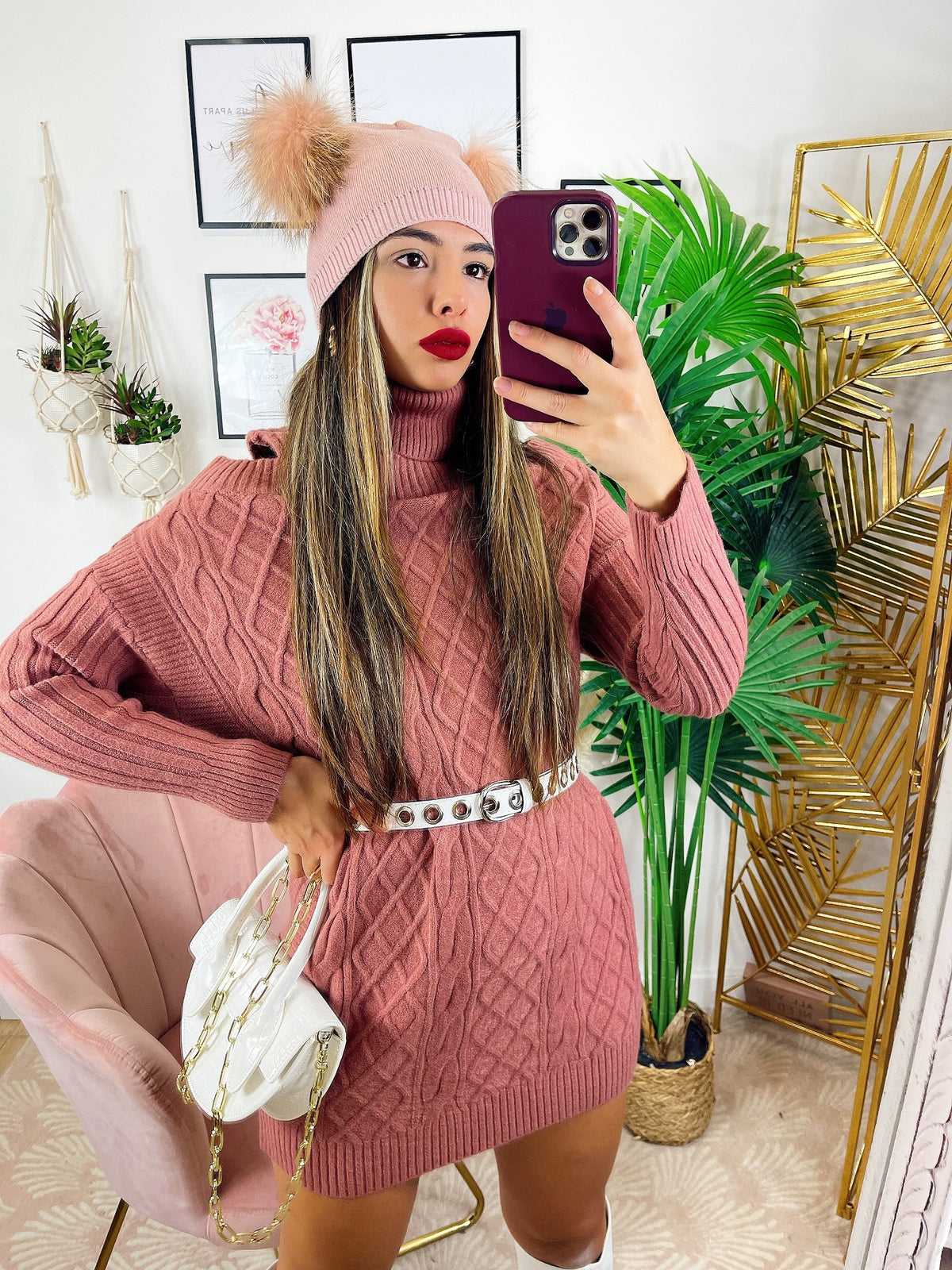 Maxi maglia a collo alto rosa