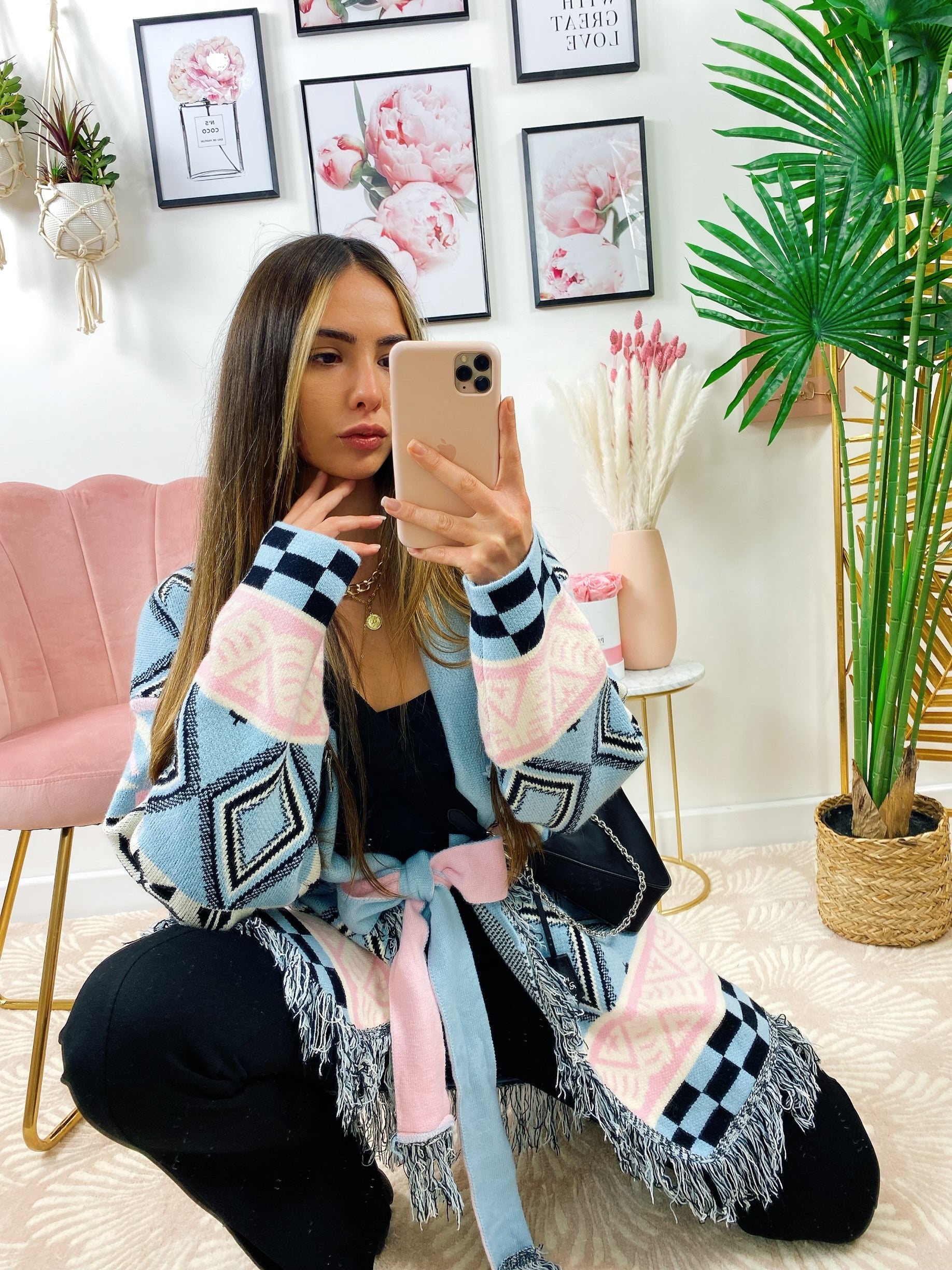 Cardigan frange e cinta celeste