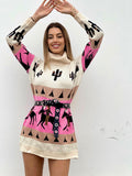 Maxi maglione collo alto con cavalli base Fuxia
