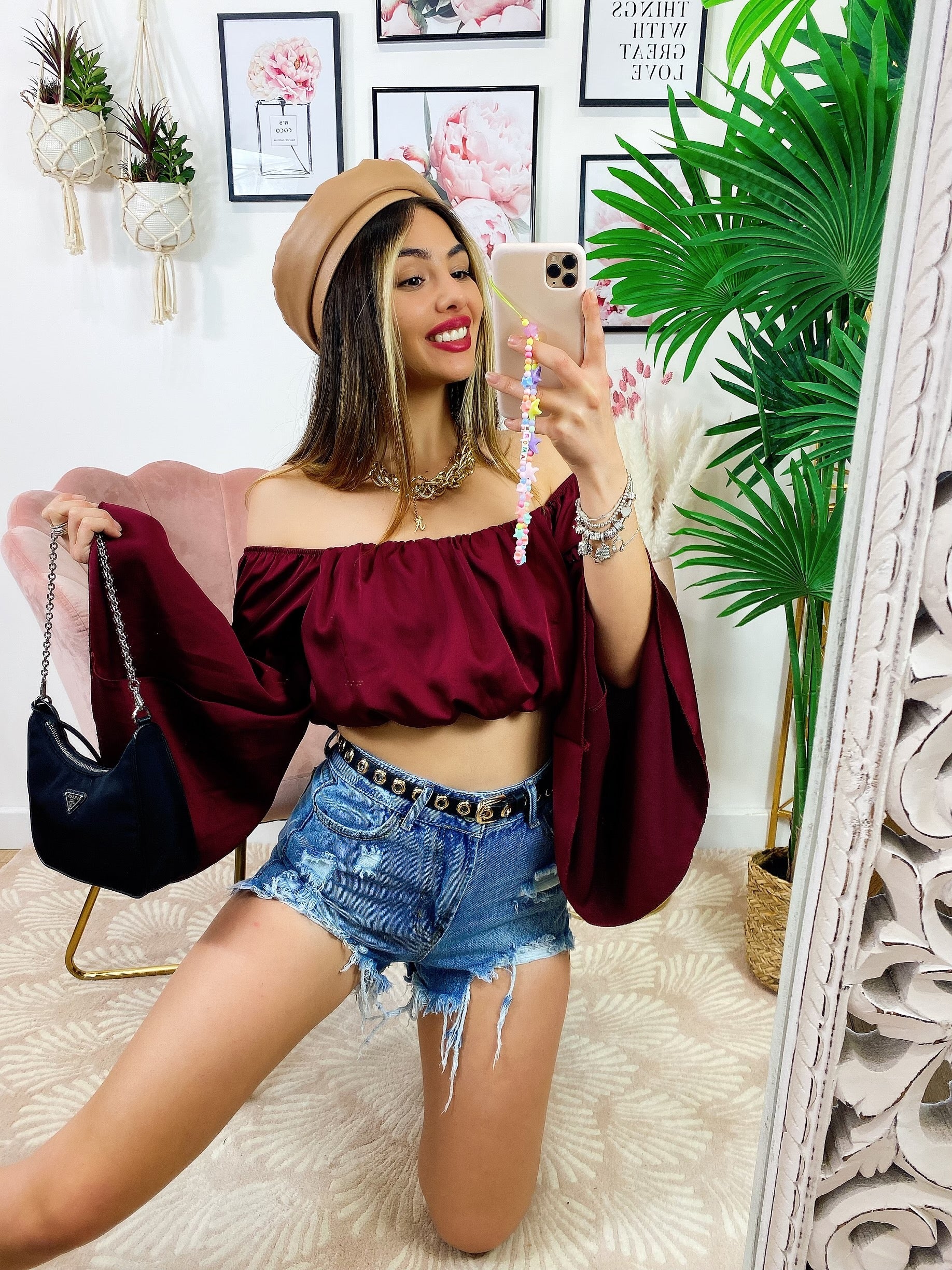 Top in raso manica lunga bordeaux