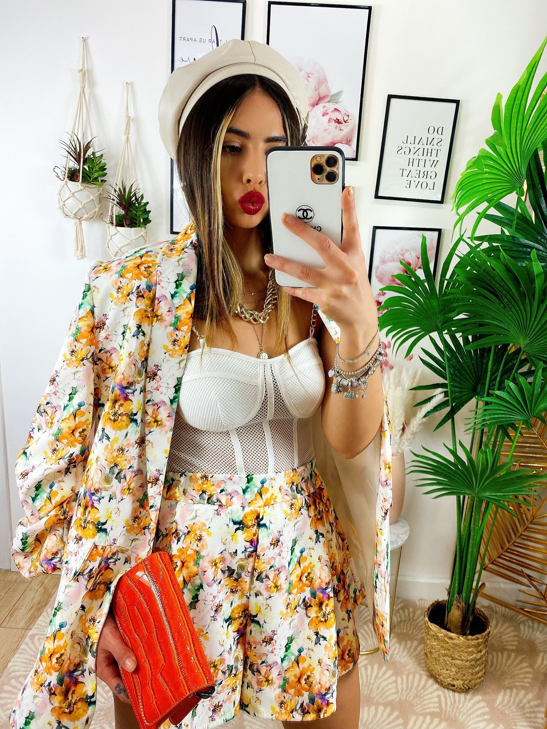 Completo Giacca e Short fiori Arancio