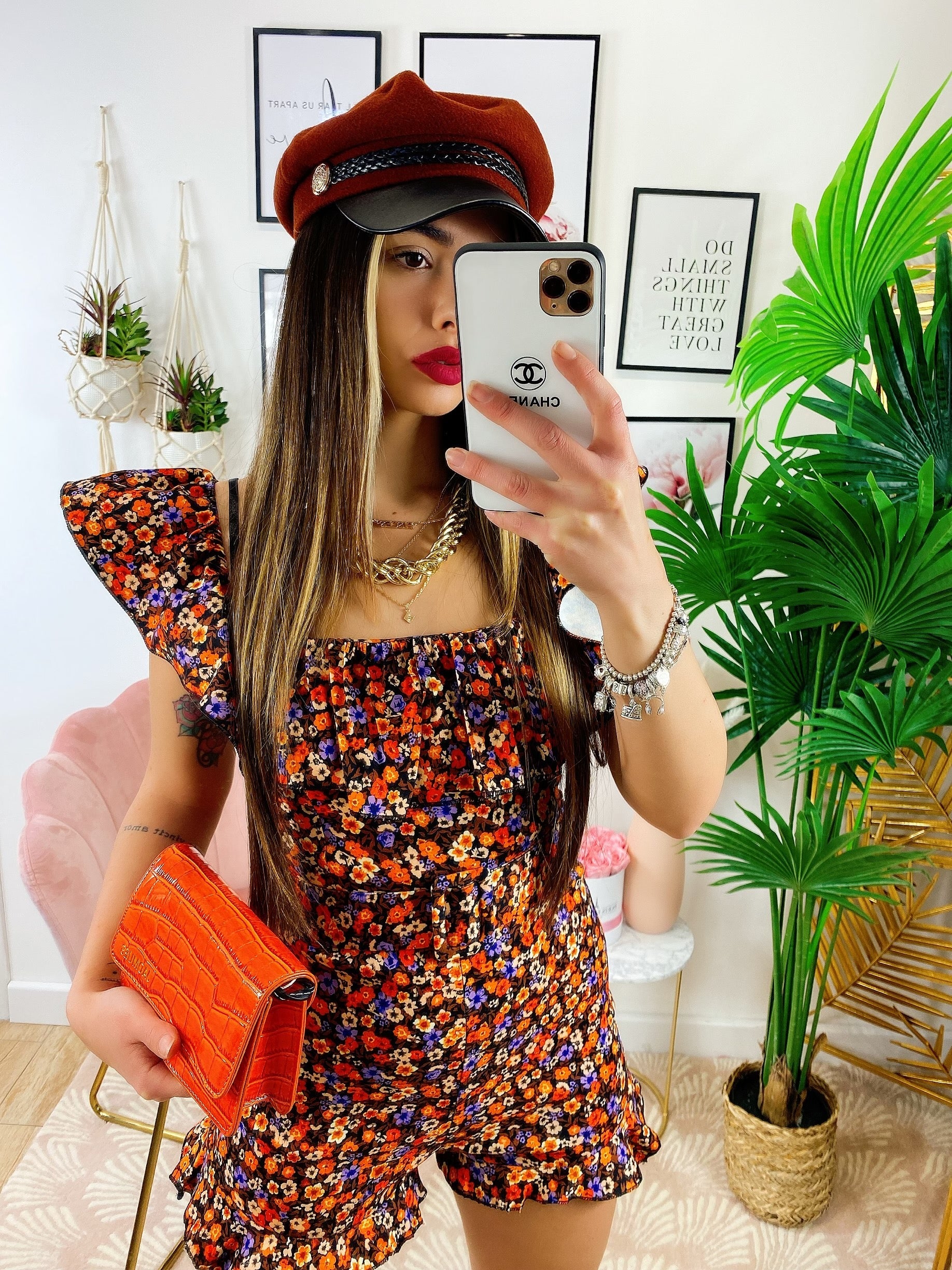 Tutina scollo a barca fiorellini arancio/viola