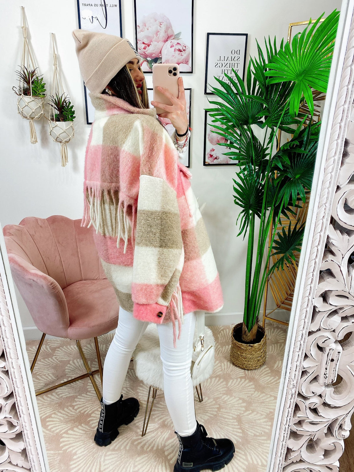 Giacca a quadri Rosa con frange