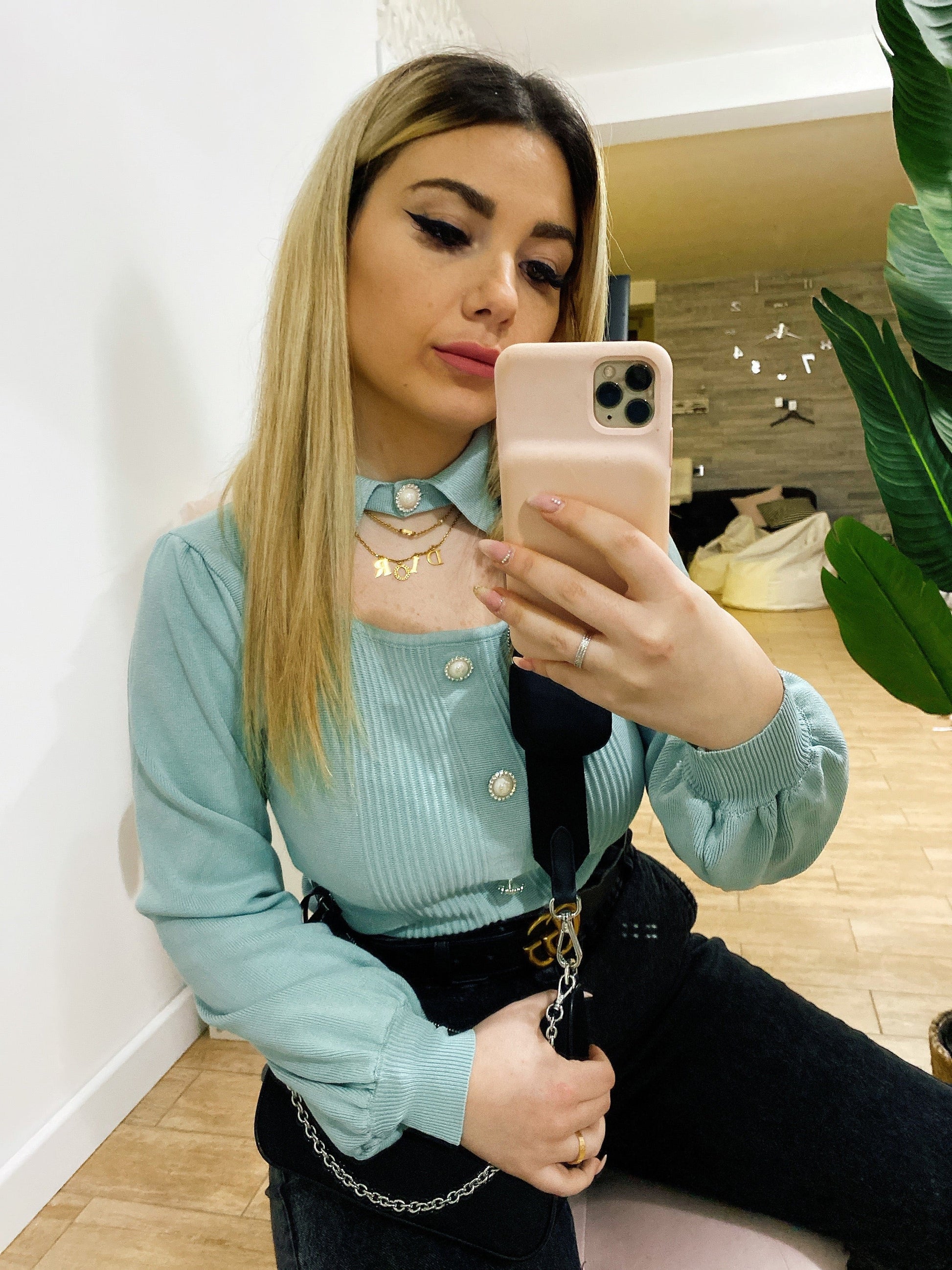 Maglioncino Tiffany bottoni in perle
