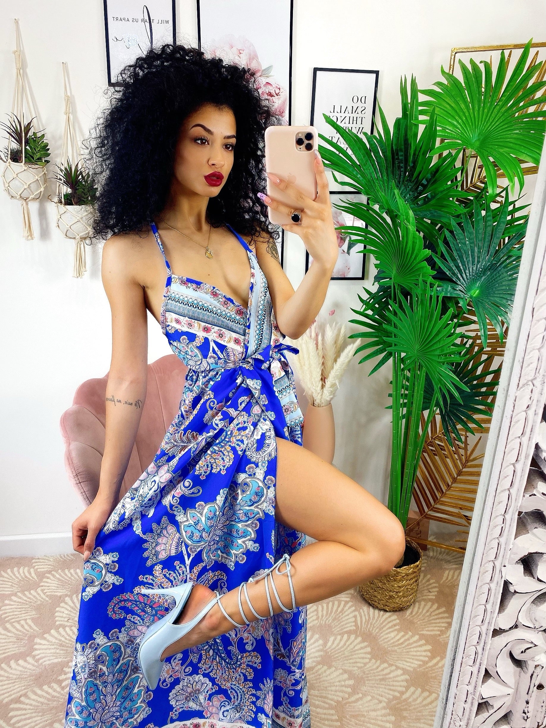 Abito maxi spacco fantasia blu
