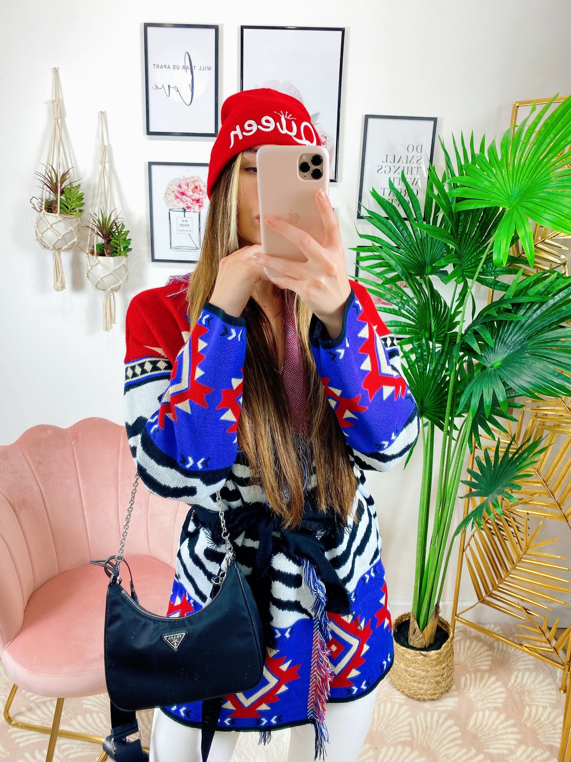 Cardigan con frange e cinta Rosso blu