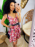 Abito a balze a fiori base rosa