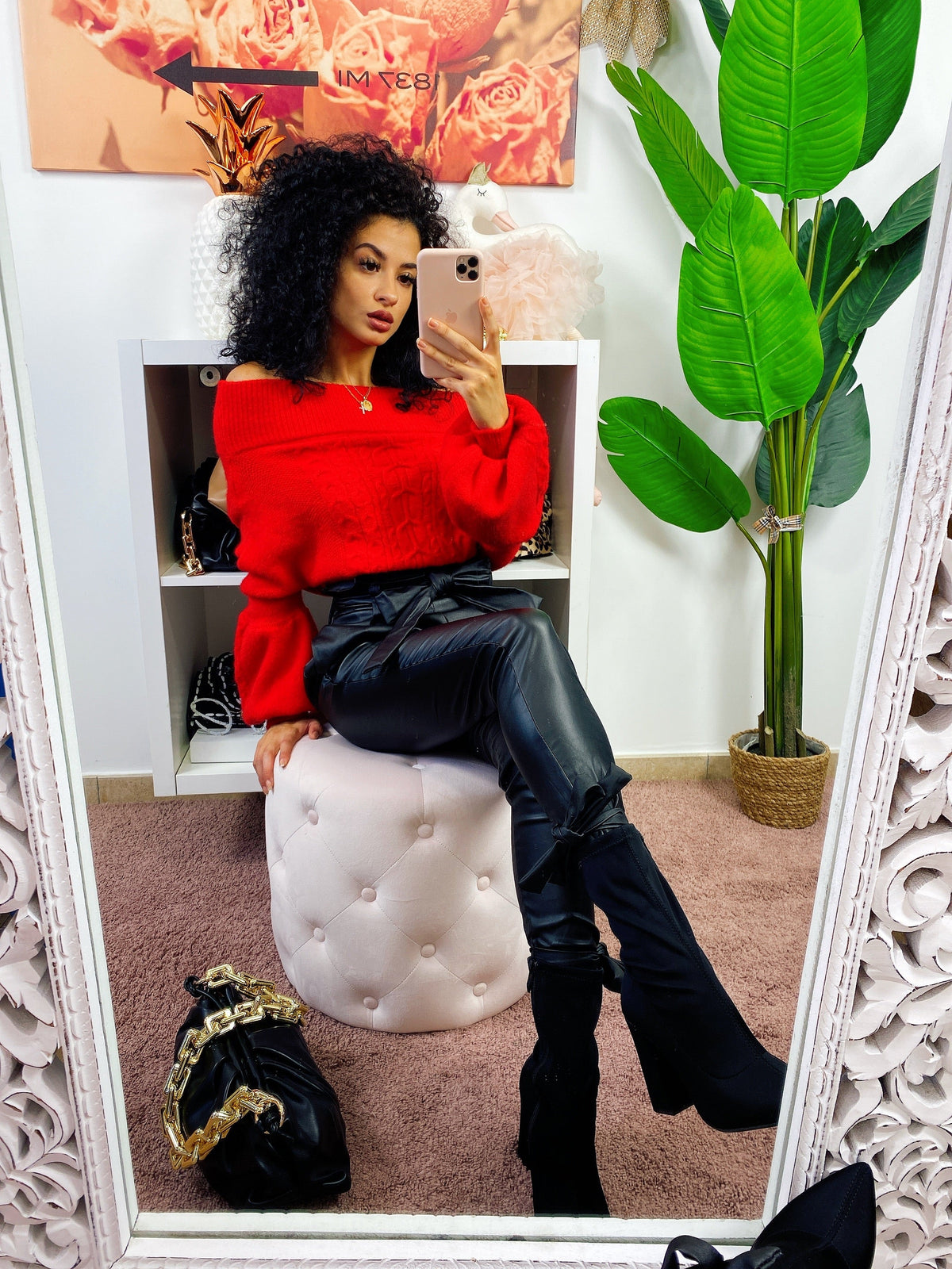 Maglione scollo a barchetta con trecce rosso