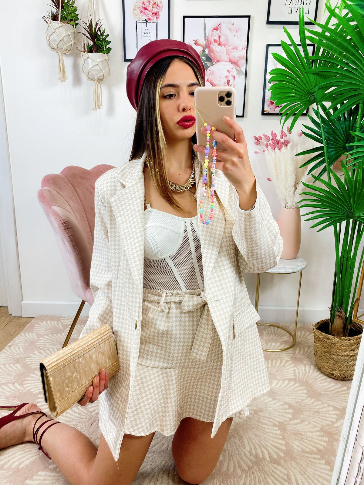 Completo Gonna e giacca pied de poule beige