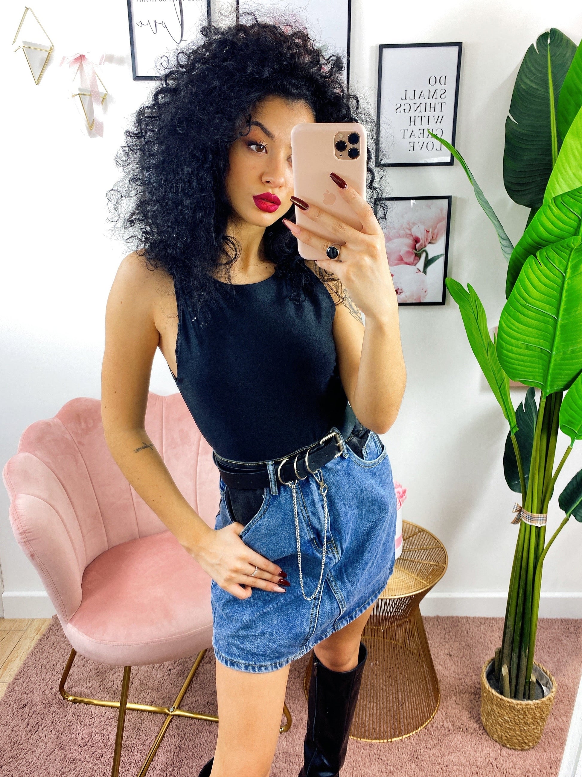 Gonna di Jeans con tasche nere e cintura