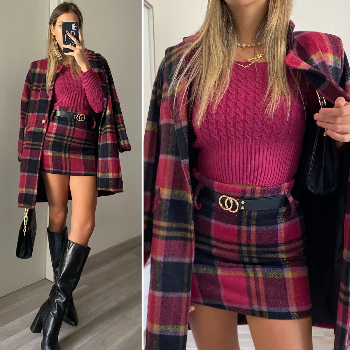 Cappotto check fucsia nero