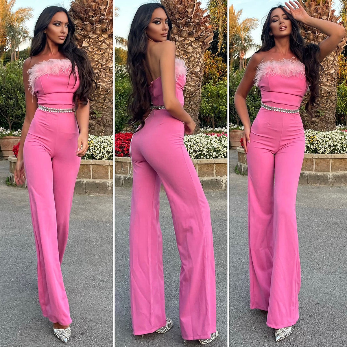 Tuta con piume rosa