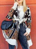Cardigan Camel/Black con frange e cinta