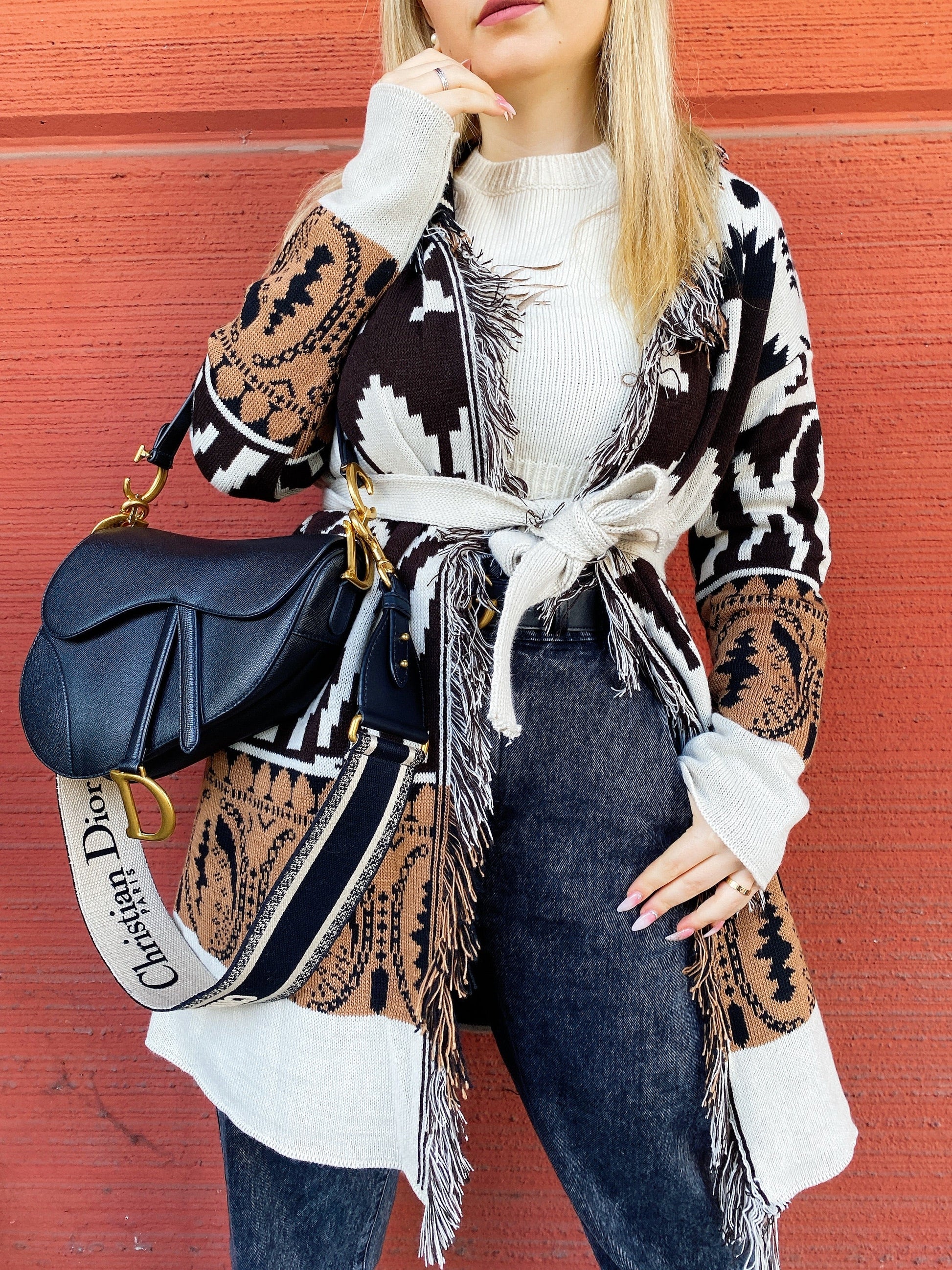 Cardigan Camel/Black con frange e cinta