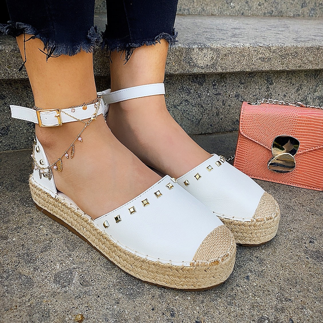Espadrillas platform basso con borchie white