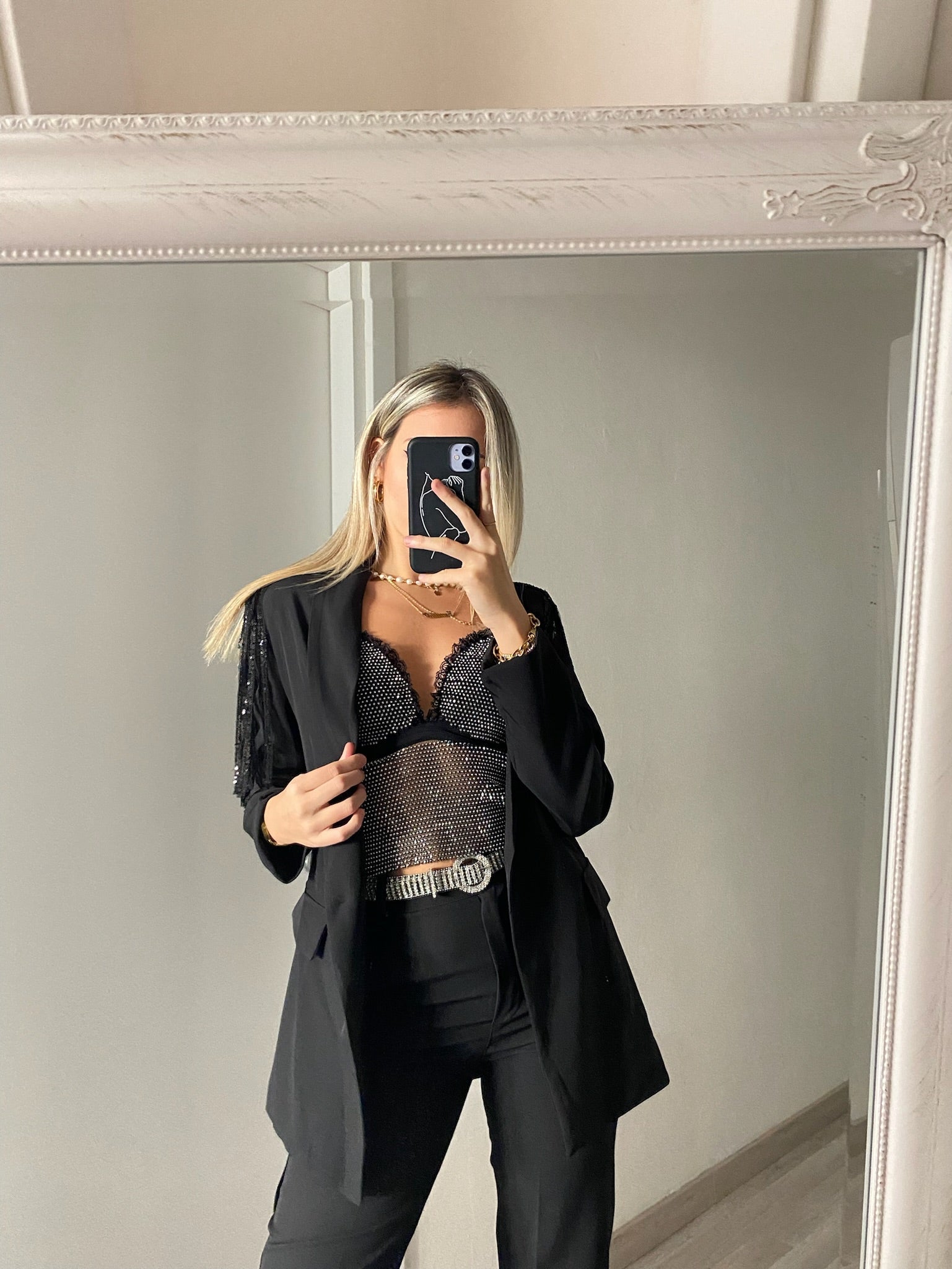 Completo giacca e pantalone frange paillettes nero