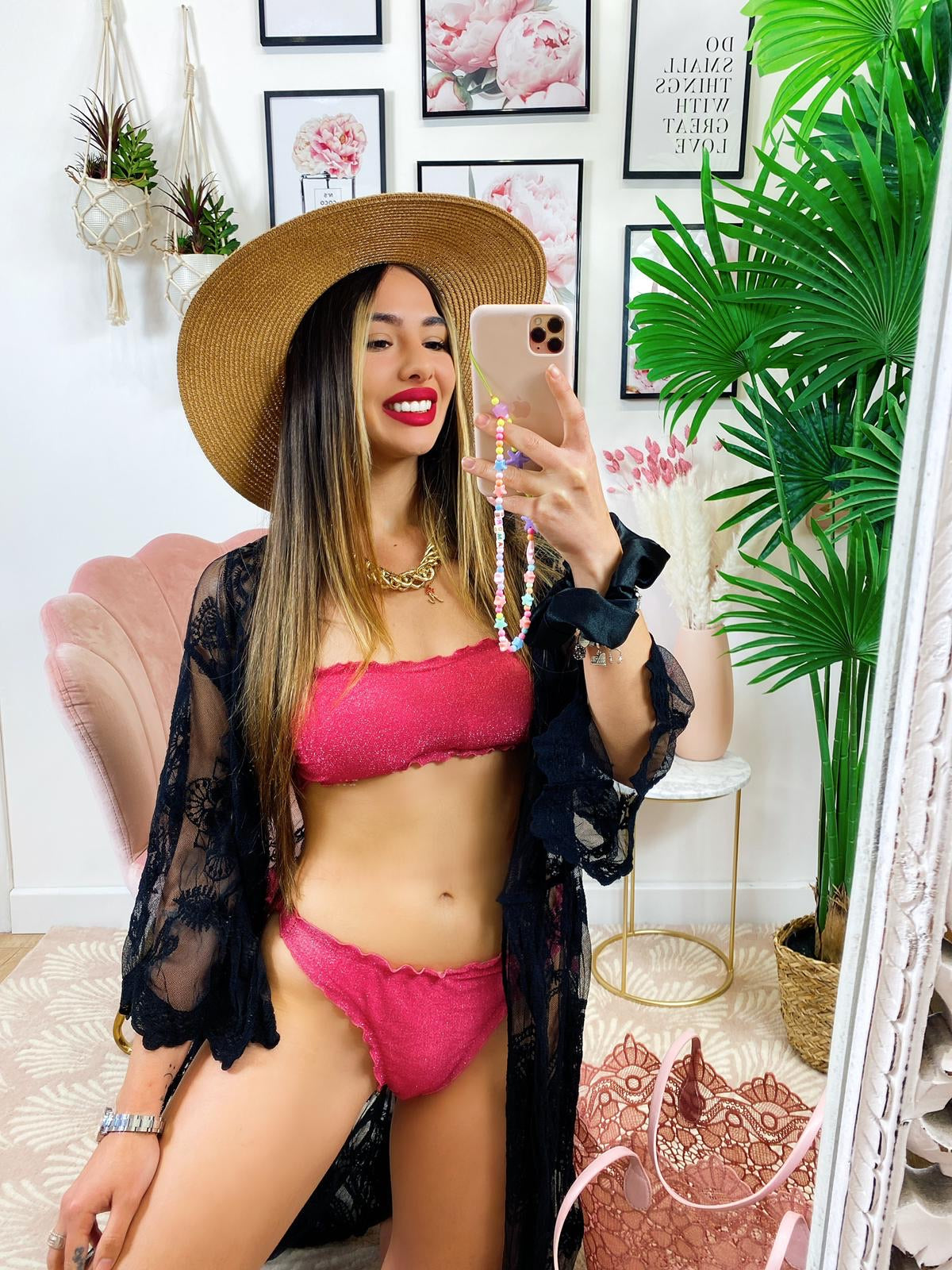 Bikini a fascia con arricciature fragola