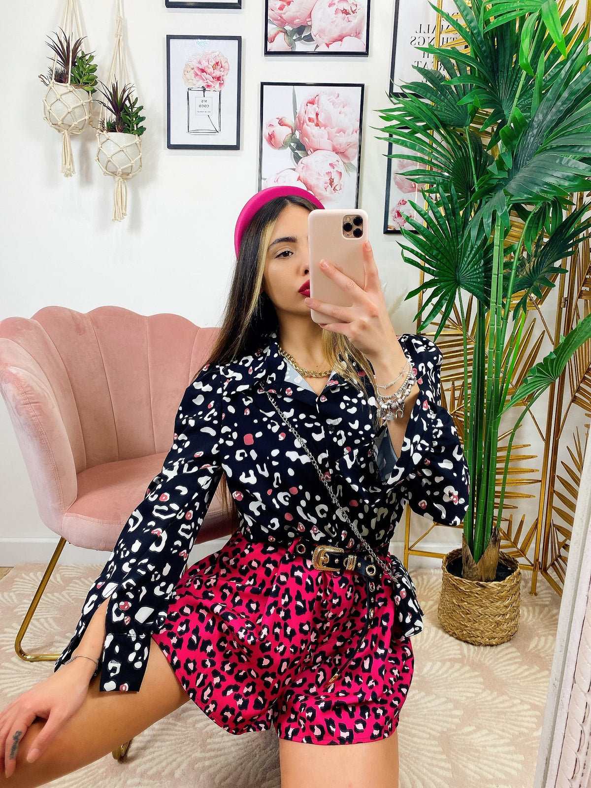 Camicia maculata con borsetta Nera