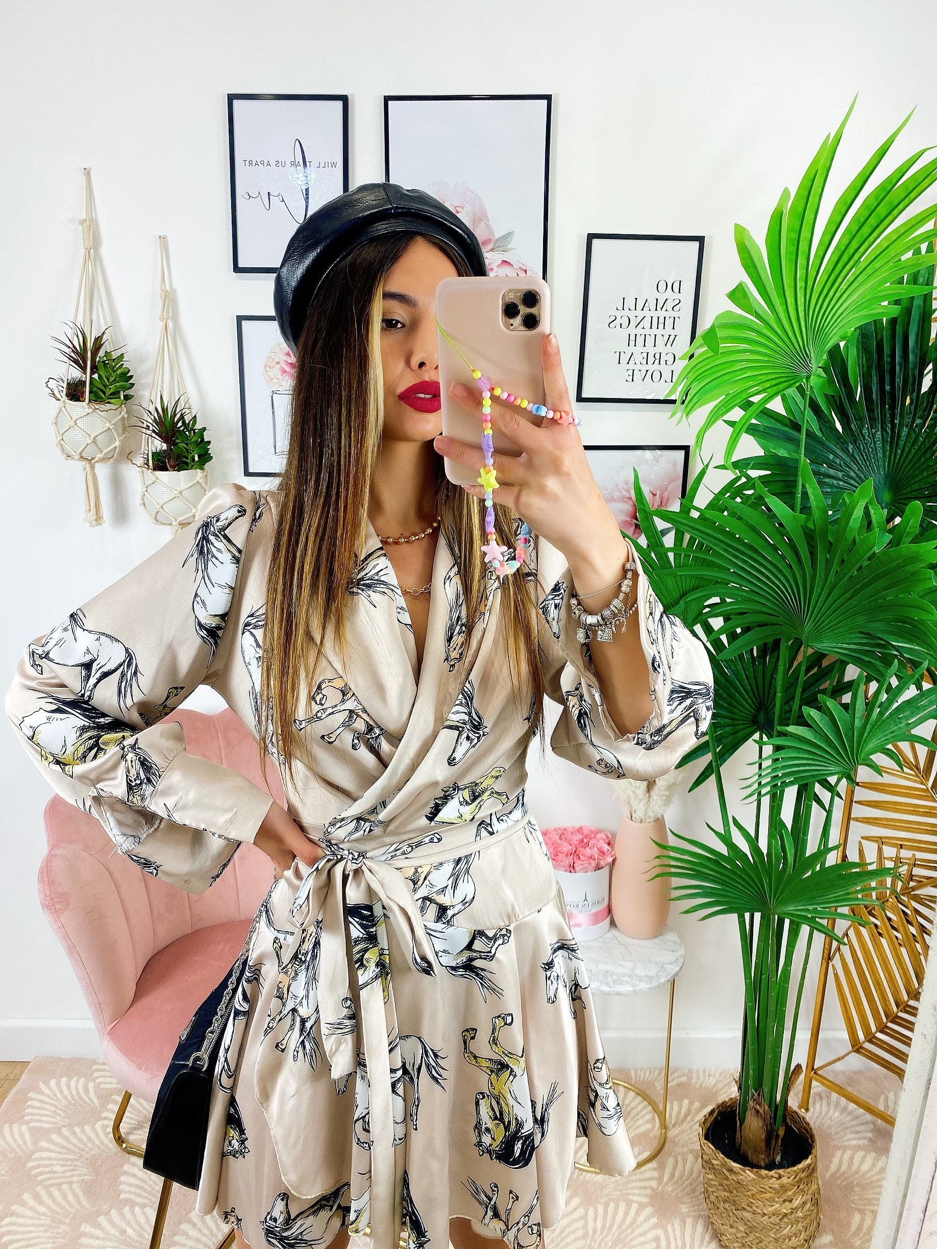 Abito a Kimono stampa cavallo beige