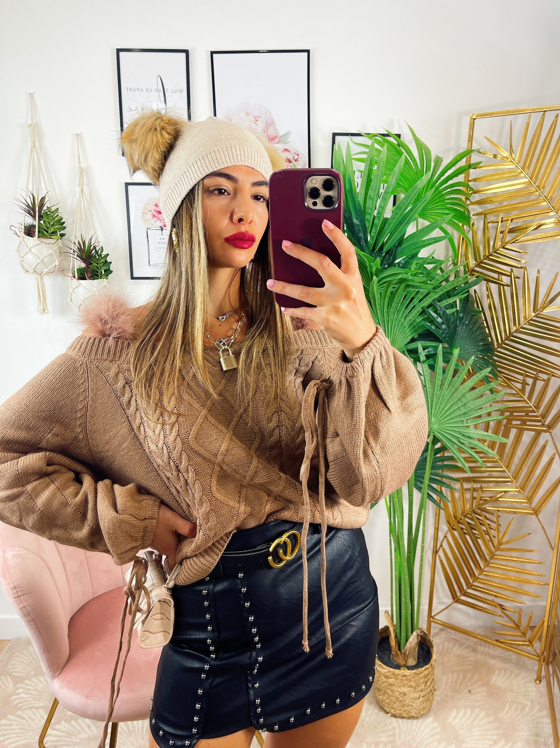 Maglione con spalline pelose camel