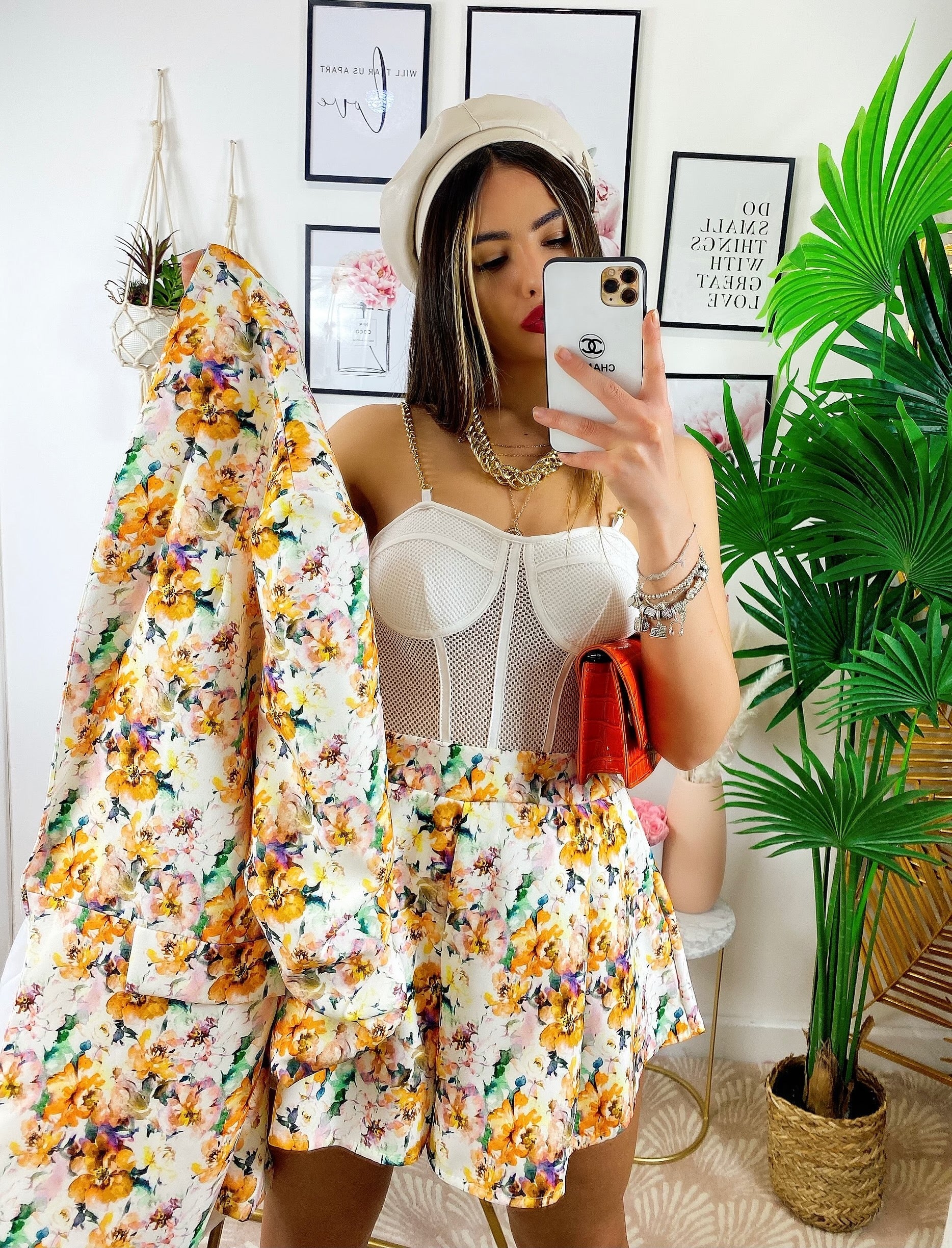 Completo Giacca e Short fiori Arancio